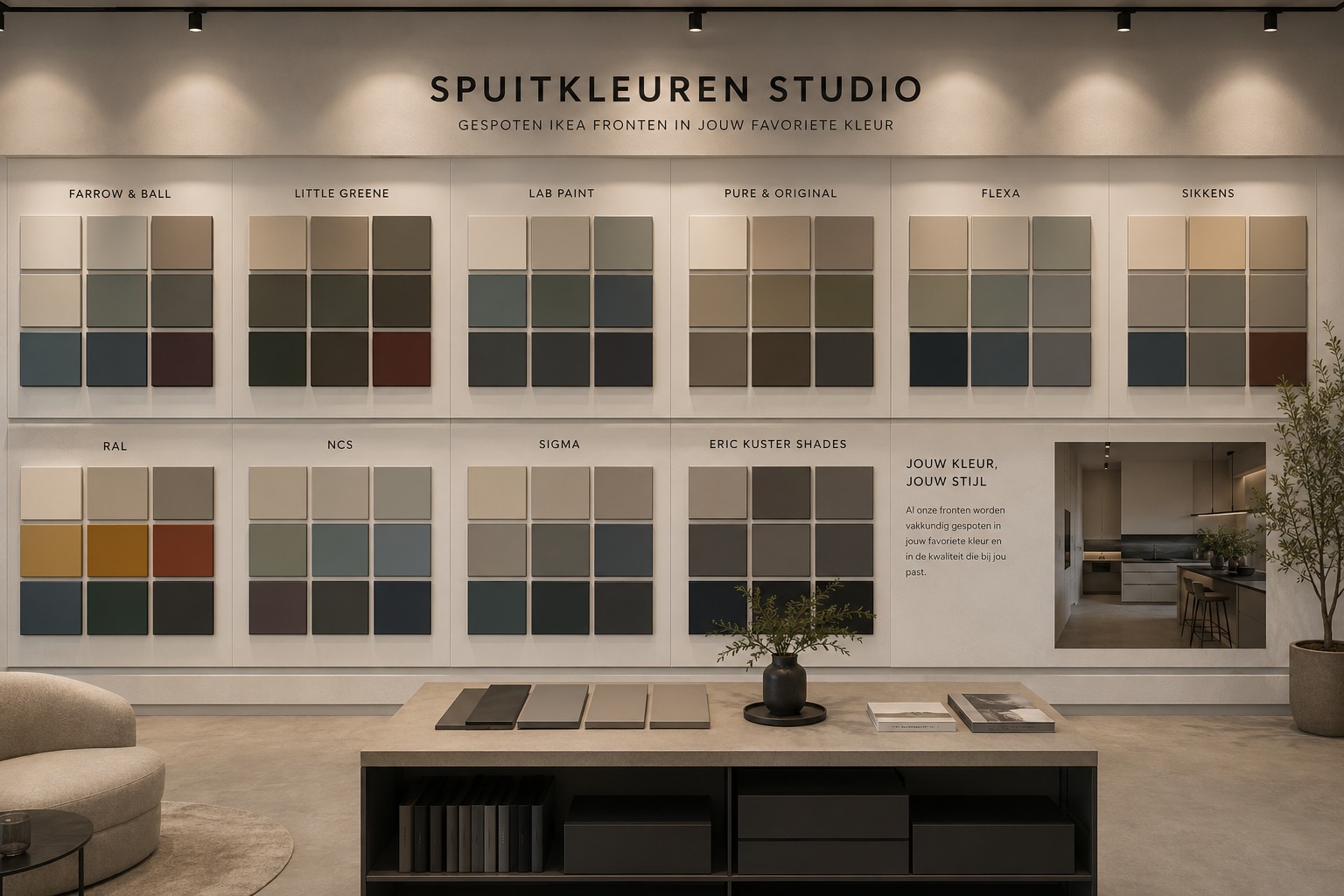 Showroom Studio Front Purmerend met gespoten kleurfronten